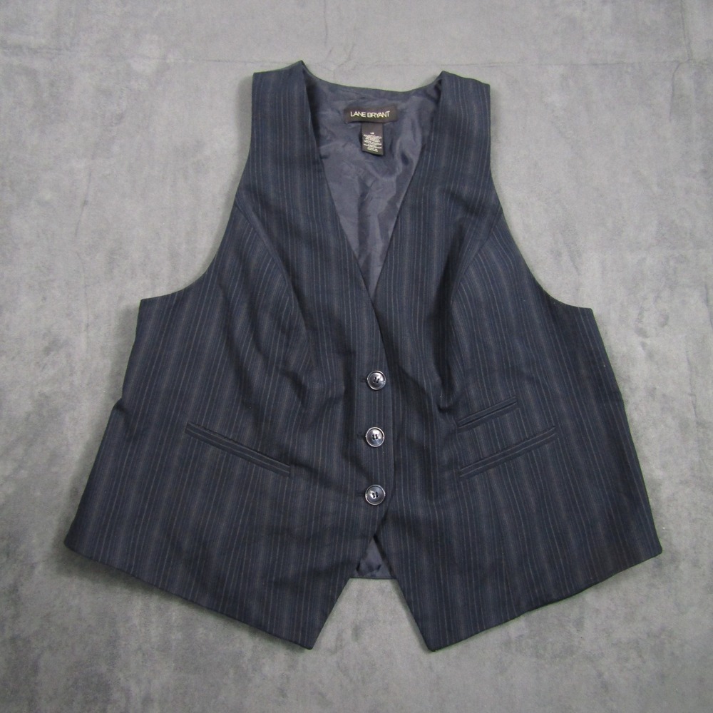 Lane Bryant Pinstripe Vest Women 18 Navy Blue Button Front Waistcoat Business